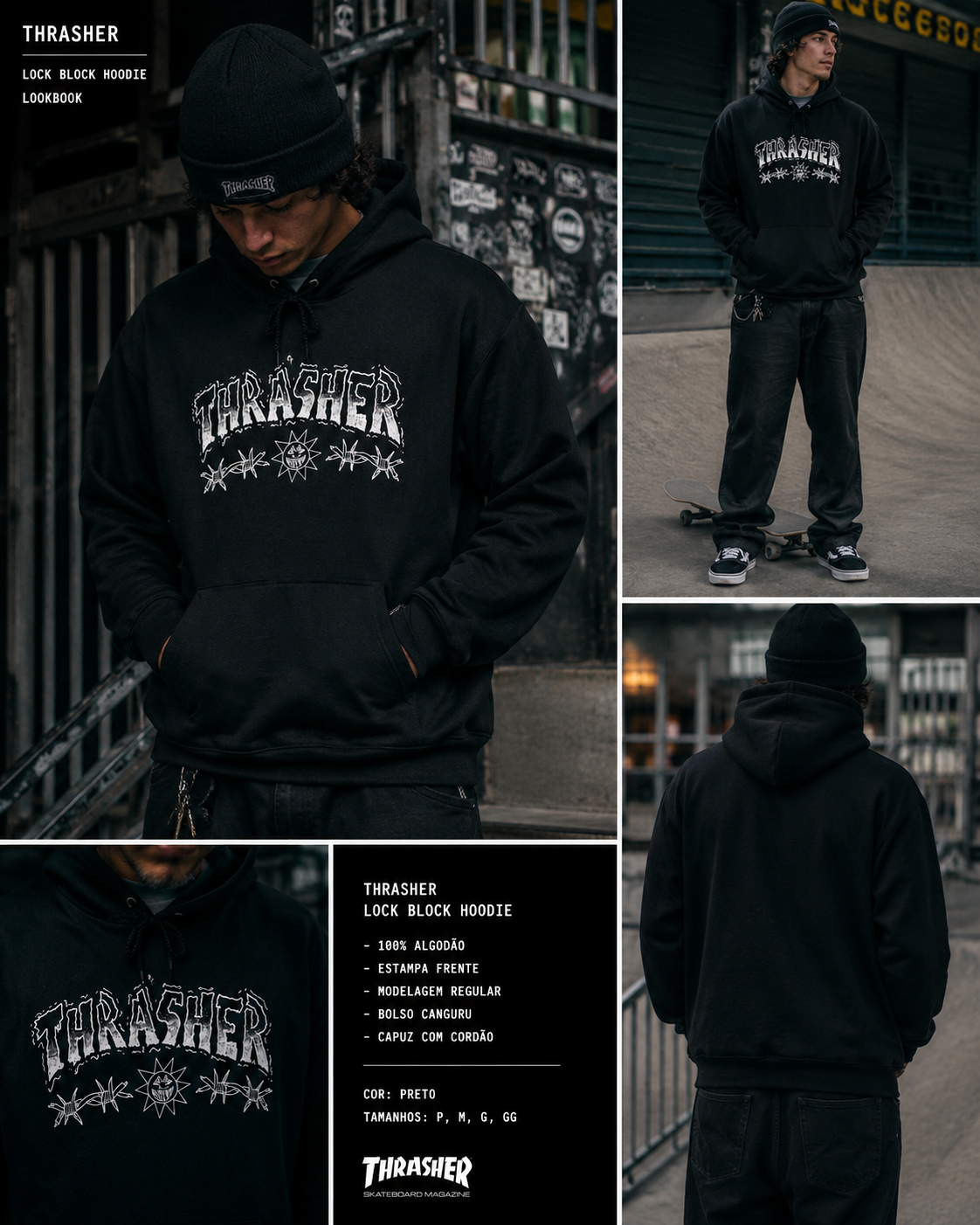 Moletom Thrasher Barbed Wire Preto Canguru Original Streetwear Skate - Black/Preto