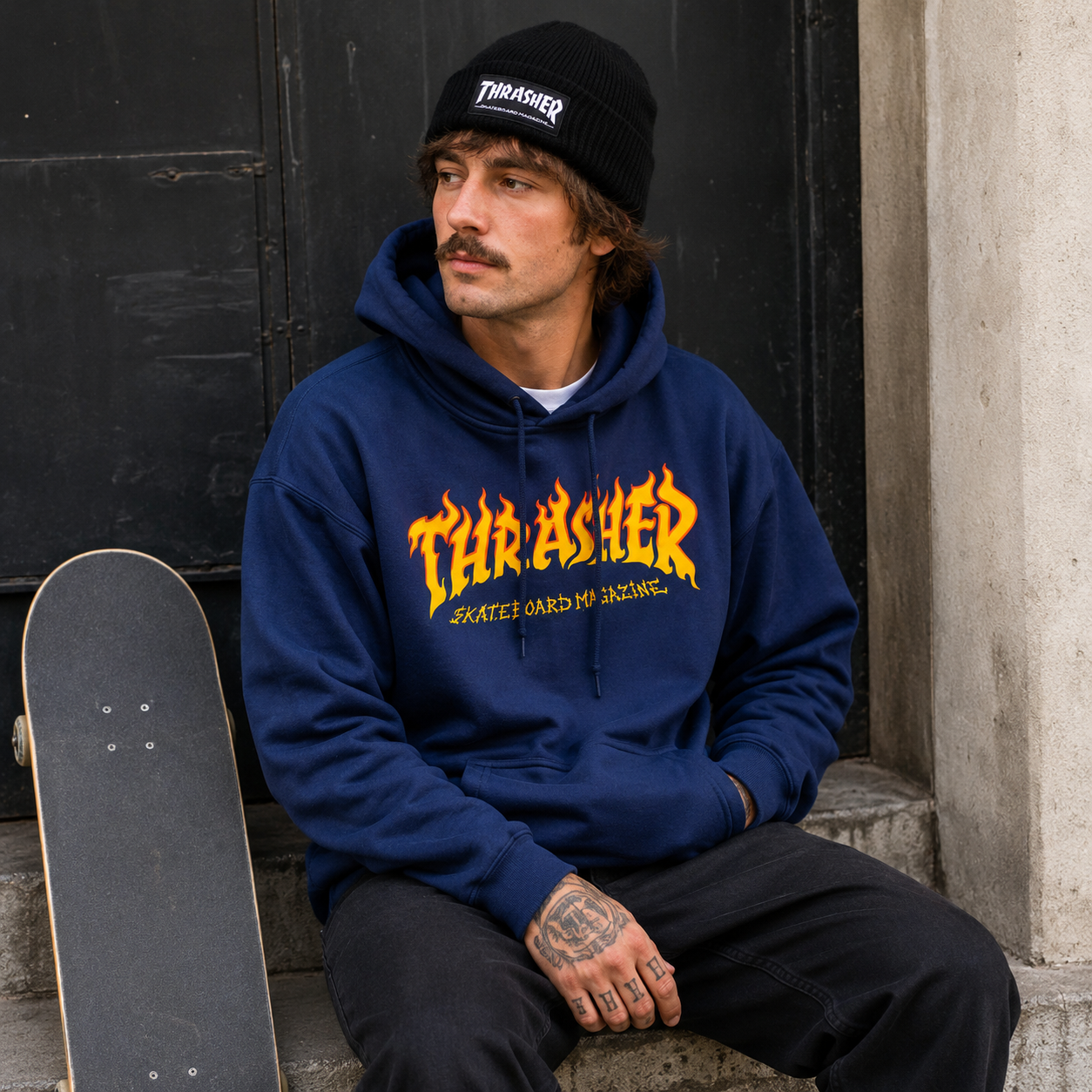 Moletom Thrasher CANGURU FECHADO FIRE - Azul Marinho