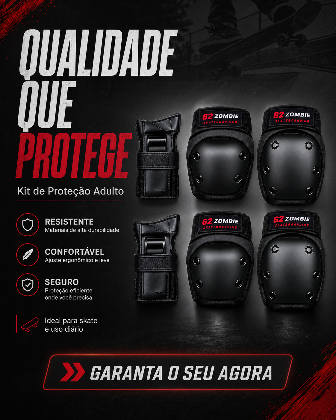 Kit de Proteção 62 Zombie Skateboarding Adulto 6 Peças – Preto