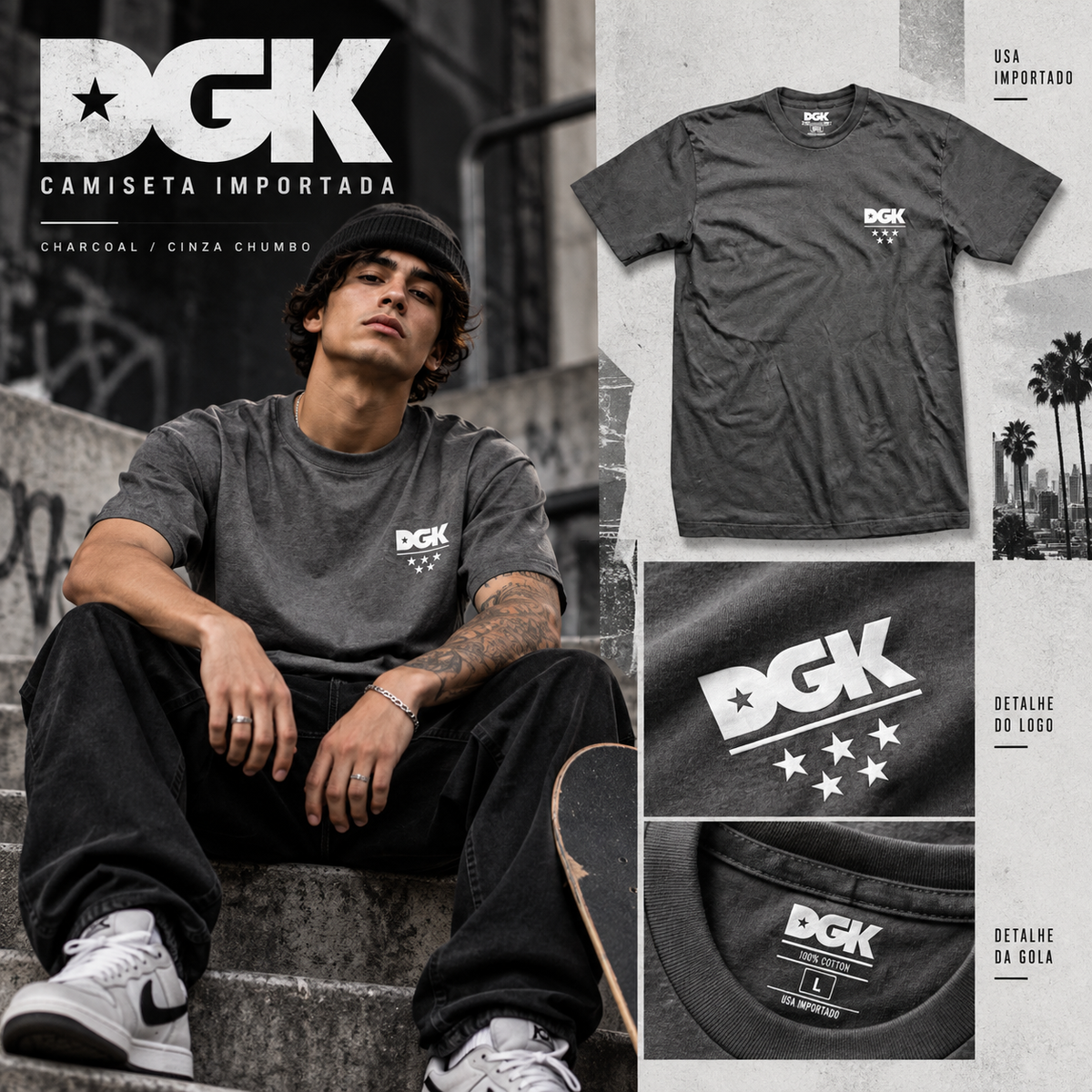Camiseta Importada  DGK - ALL STAR MINI LOGO  Cinza Chumbo/Charcoal  (P)