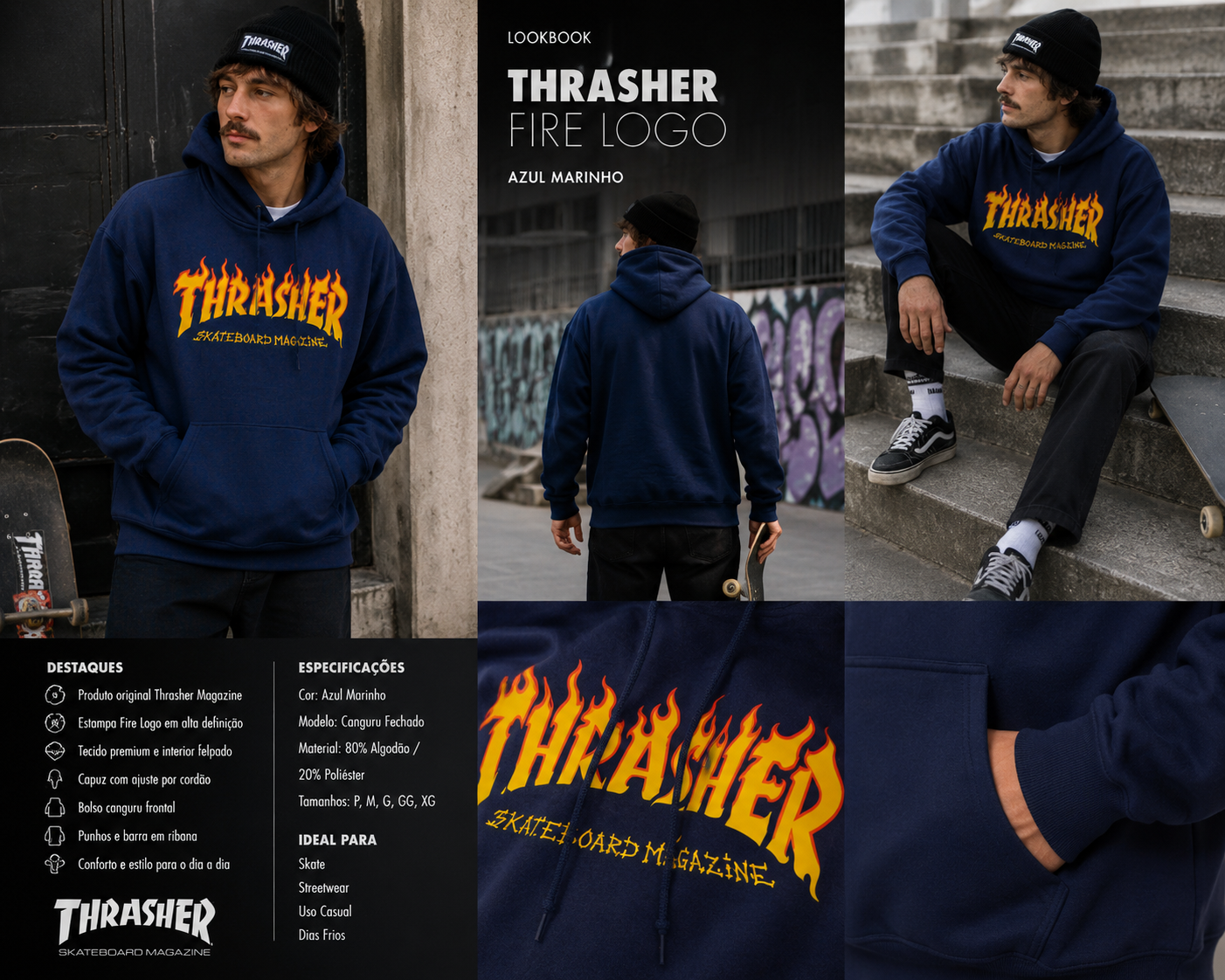 Moletom Thrasher  CANGURU FECHADO FIRE - Azul Marinho