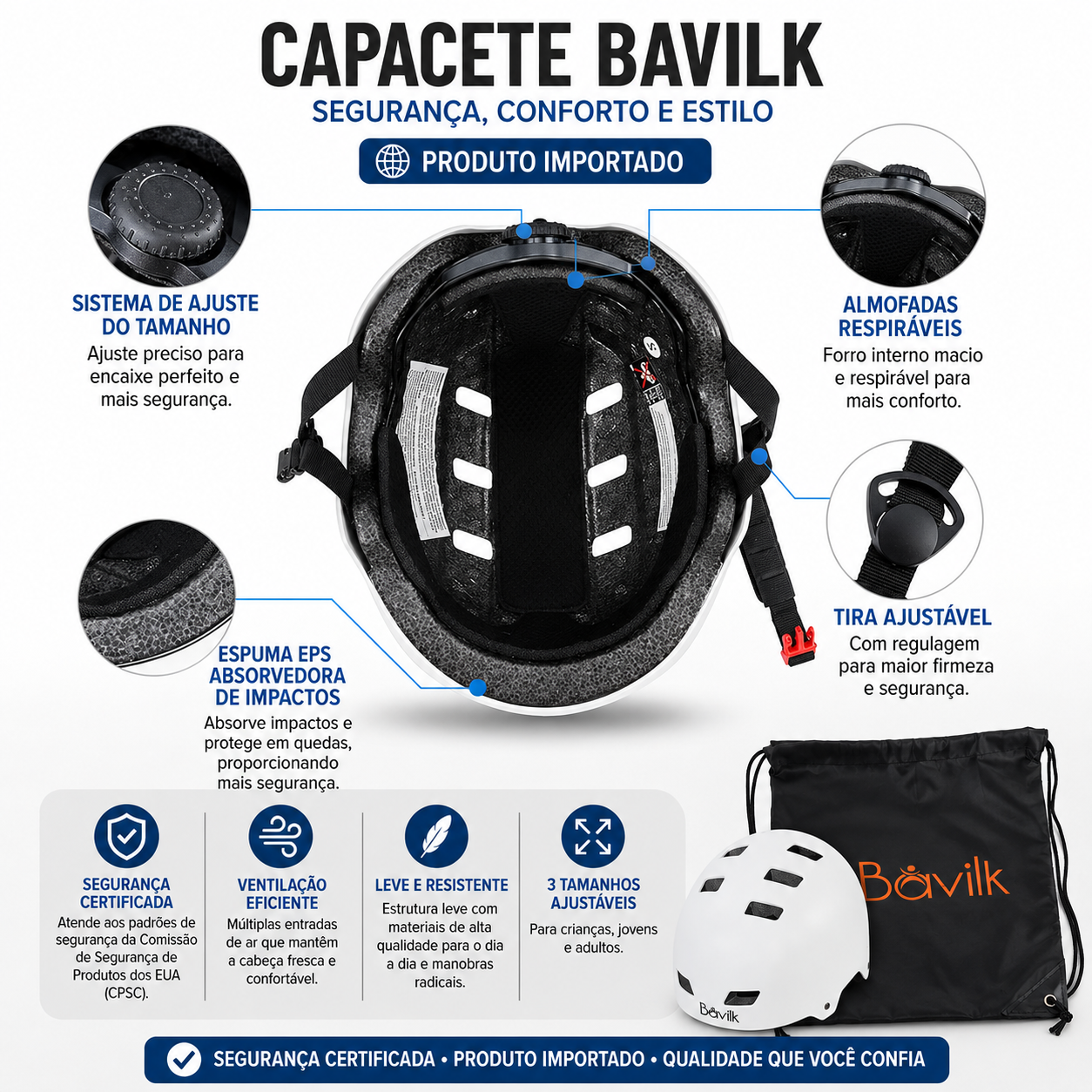 Capacete Importado BAVILK Classic white Certified - G