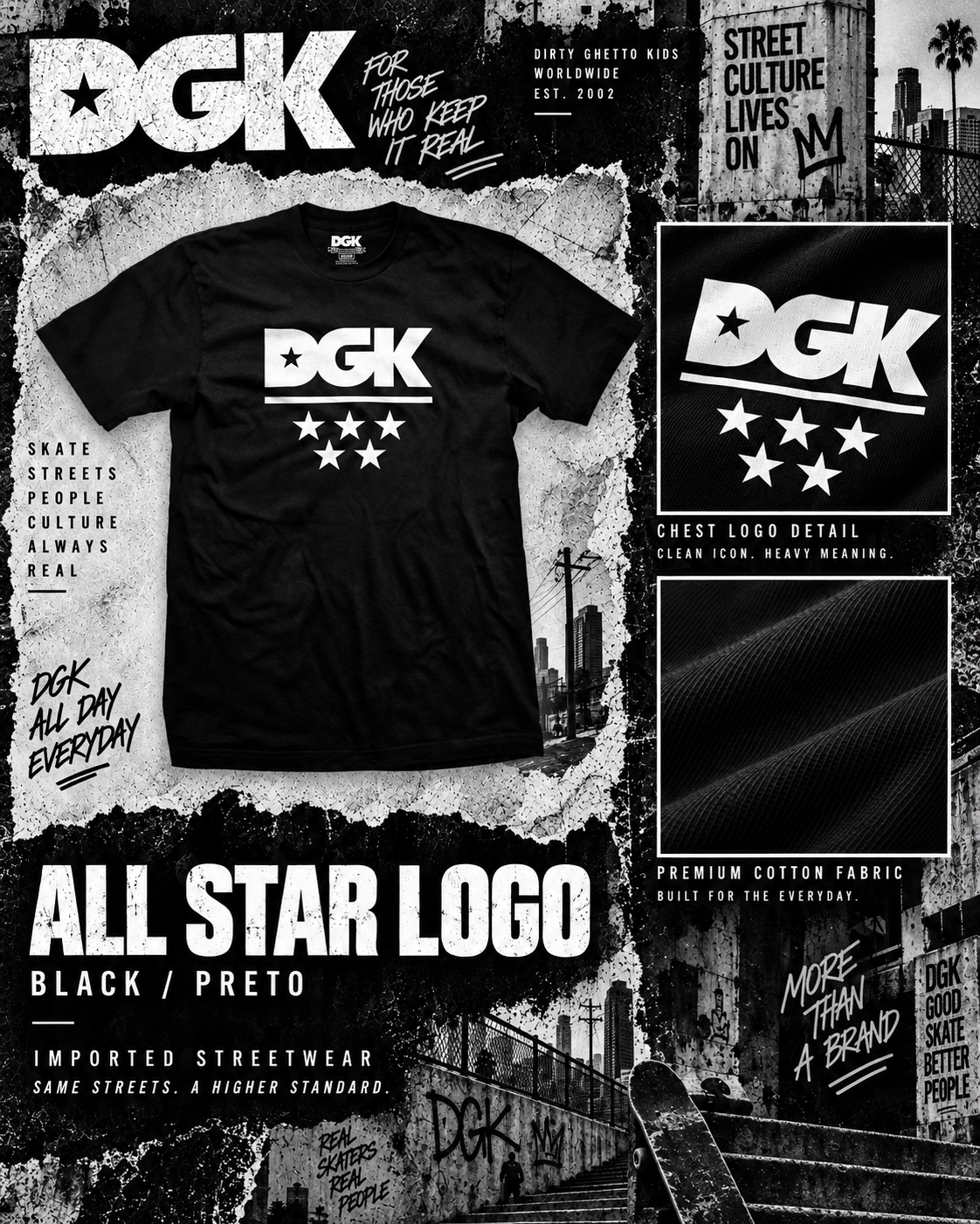 Camiseta Importada DGK - ALL STAR  BLACK/ PRETO (M)