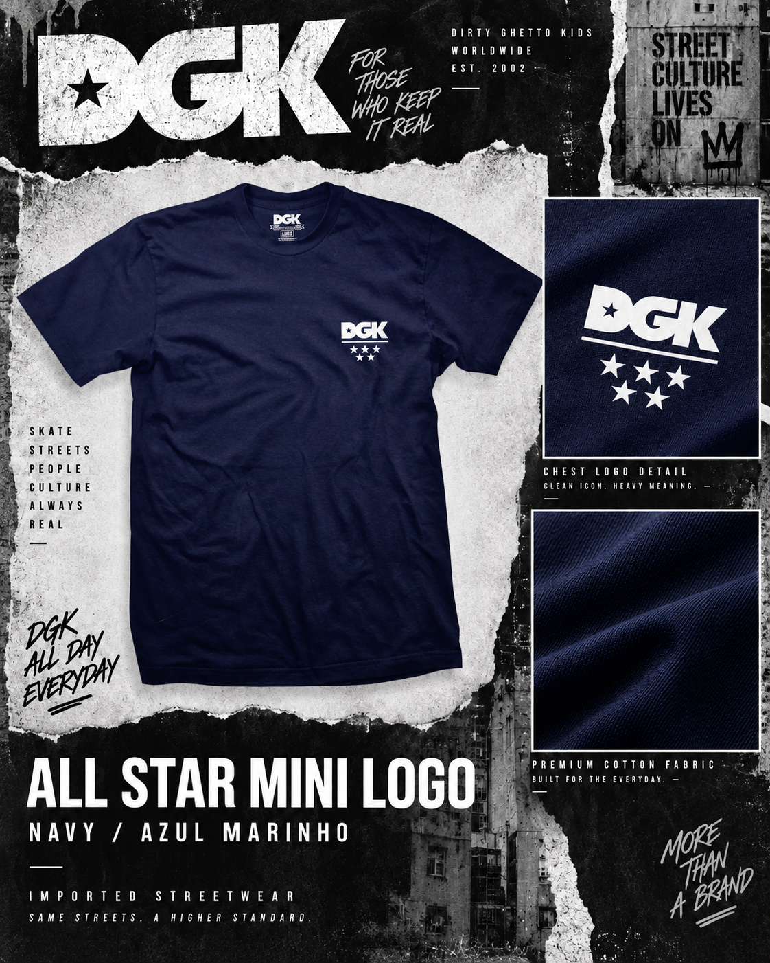 Camiseta Importada  DGK   - ALL STAR MINI LOGO  BLUE NAVY/ AZUL MARINHO (M)